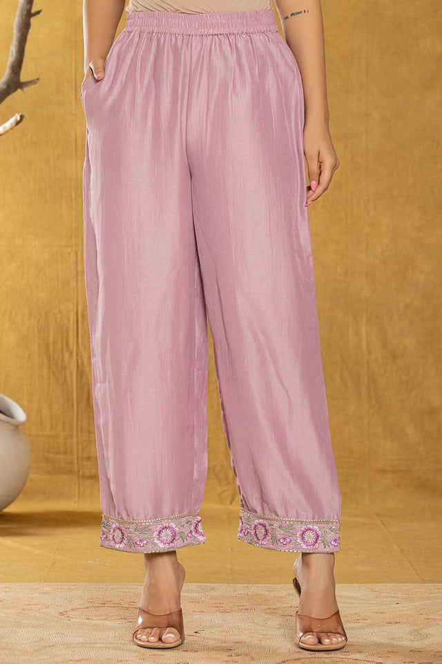 Violet Embroidered Silk Kurti Pant Set