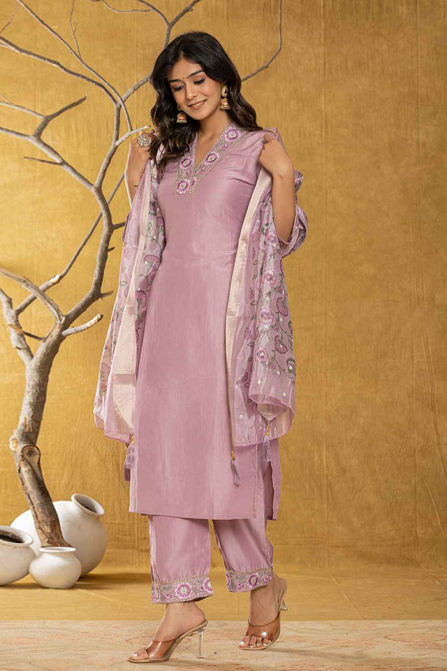Violet Embroidered Silk Kurti Pant Set