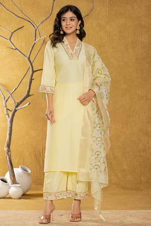 Yellow Thread Work Silk Kurti Pant Set