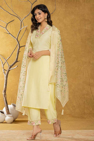Yellow Thread Work Silk Kurti Pant Set