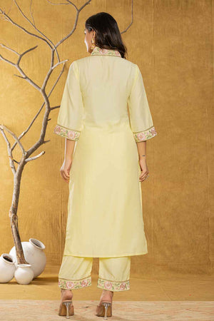 Yellow Thread Work Silk Kurti Pant Set