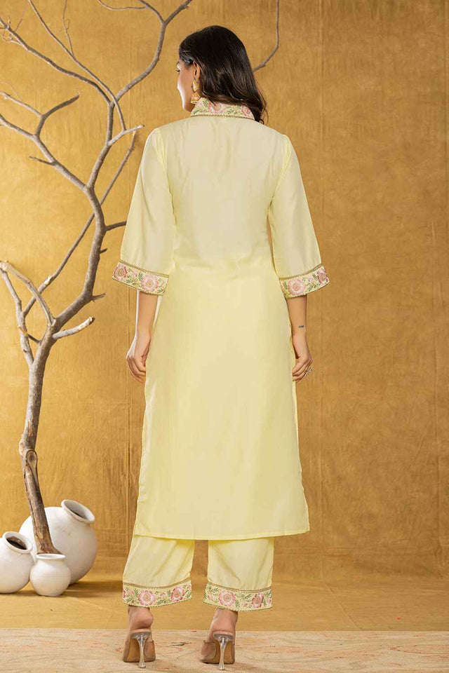 Yellow Thread Work Silk Kurti Pant Set