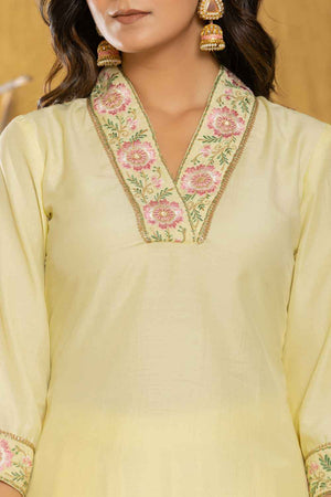 Yellow Thread Work Silk Kurti Pant Set