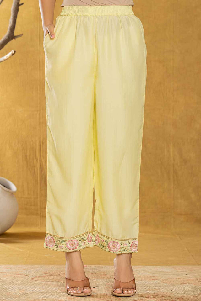 Yellow Thread Work Silk Kurti Pant Set