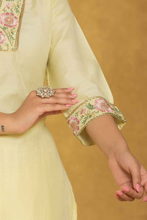 Yellow Thread Work Silk Kurti Pant Set