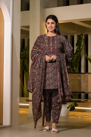 Black Paisley Printed Cotton Straight Cut Suit Set