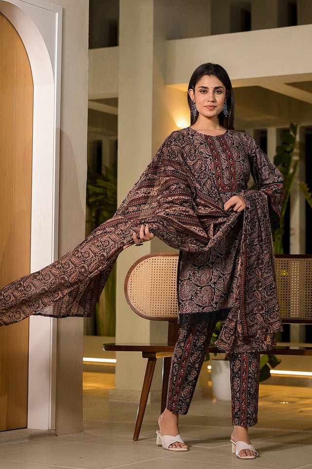 Black Paisley Printed Cotton Straight Cut Suit Set