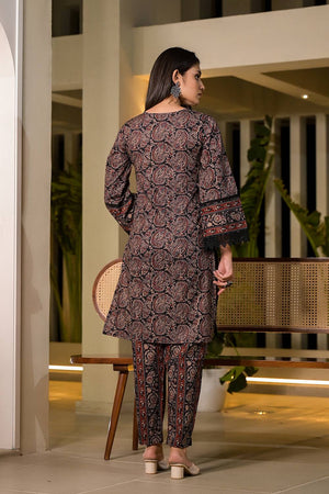 Black Paisley Printed Cotton Straight Cut Suit Set