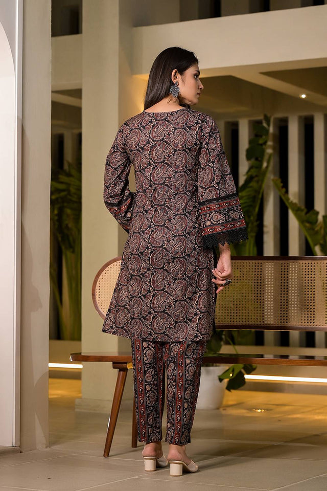 Black Paisley Printed Cotton Straight Cut Suit Set