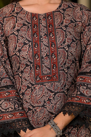 Black Paisley Printed Cotton Straight Cut Suit Set