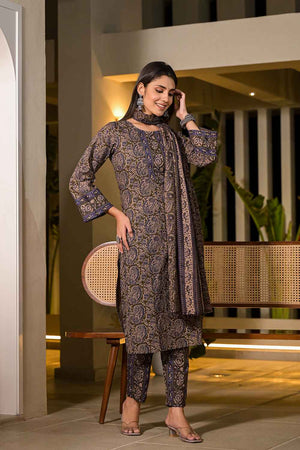 Olive Paisley Print Pure Cotton Kurti Pant Set