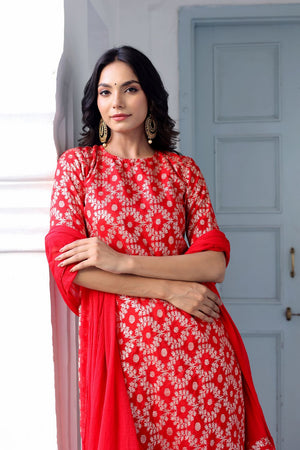 Red Ethnic Motifs Brocade Kurti Palazzo Set (105Redbrocade)