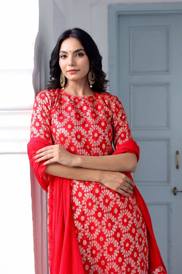 Red Ethnic Motifs Brocade Kurti Palazzo Set (105Redbrocade)