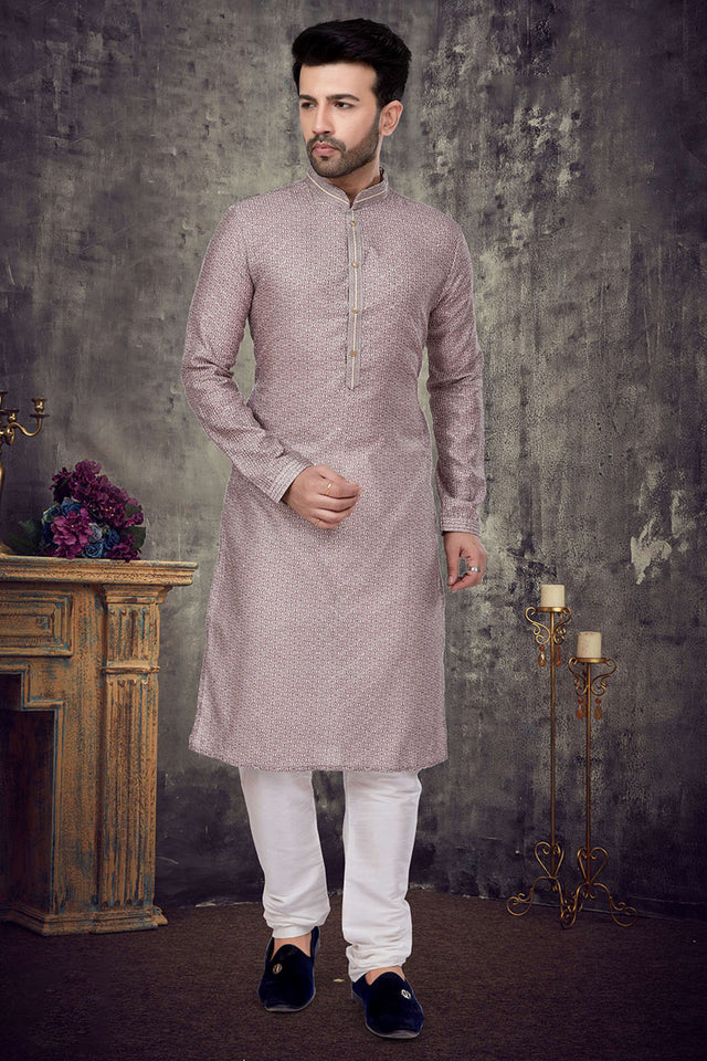 Pink Thread Work Silk Kurta Pyjama Set