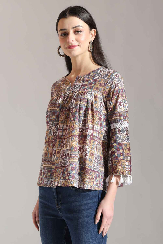 Beige Geometric Printed Pure Cotton Tops