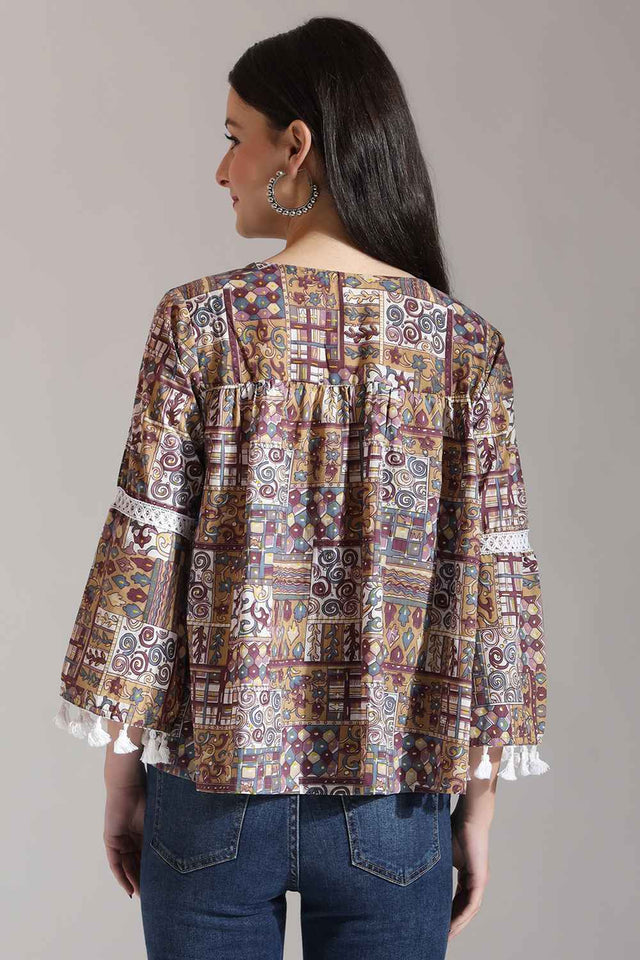 Beige Geometric Printed Pure Cotton Tops
