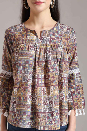 Beige Geometric Printed Pure Cotton Tops