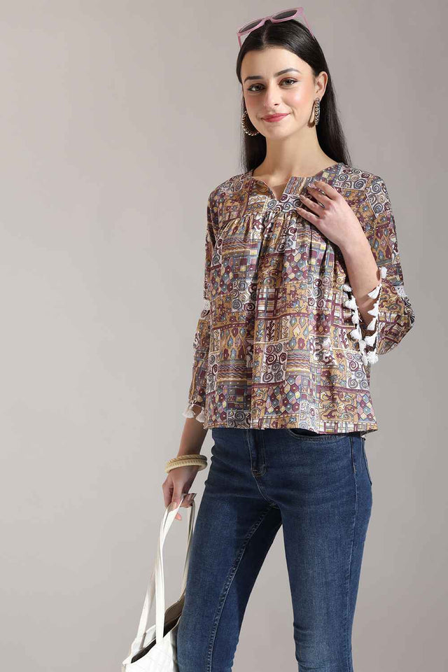 Beige Geometric Printed Pure Cotton Tops