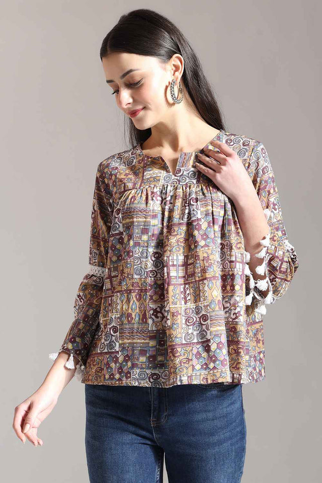 Beige Geometric Printed Pure Cotton Tops