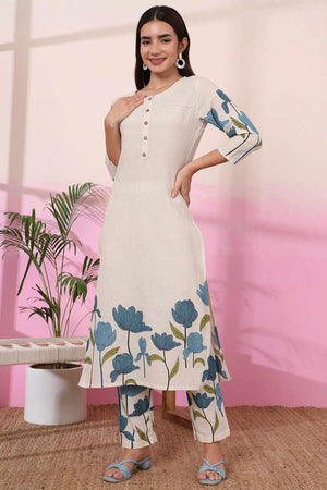 White Floral Print Cotton Kurti Pant Set