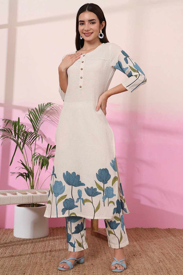 White Floral Print Cotton Kurti Pant Set