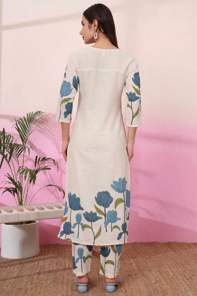 White Floral Print Cotton Kurti Pant Set