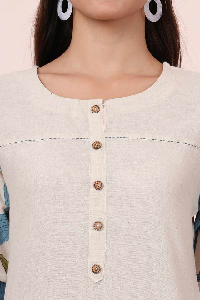 White Floral Print Cotton Kurti Pant Set