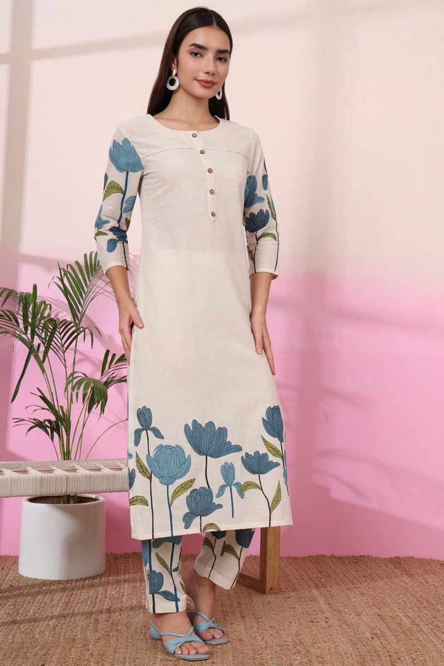 White Floral Print Cotton Kurti Pant Set