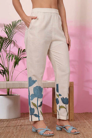 White Floral Print Cotton Kurti Pant Set