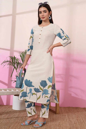 White Floral Print Cotton Kurti Pant Set