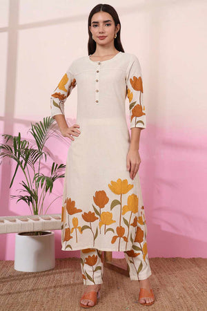 White Floral Print Cotton Kurti Pant Set