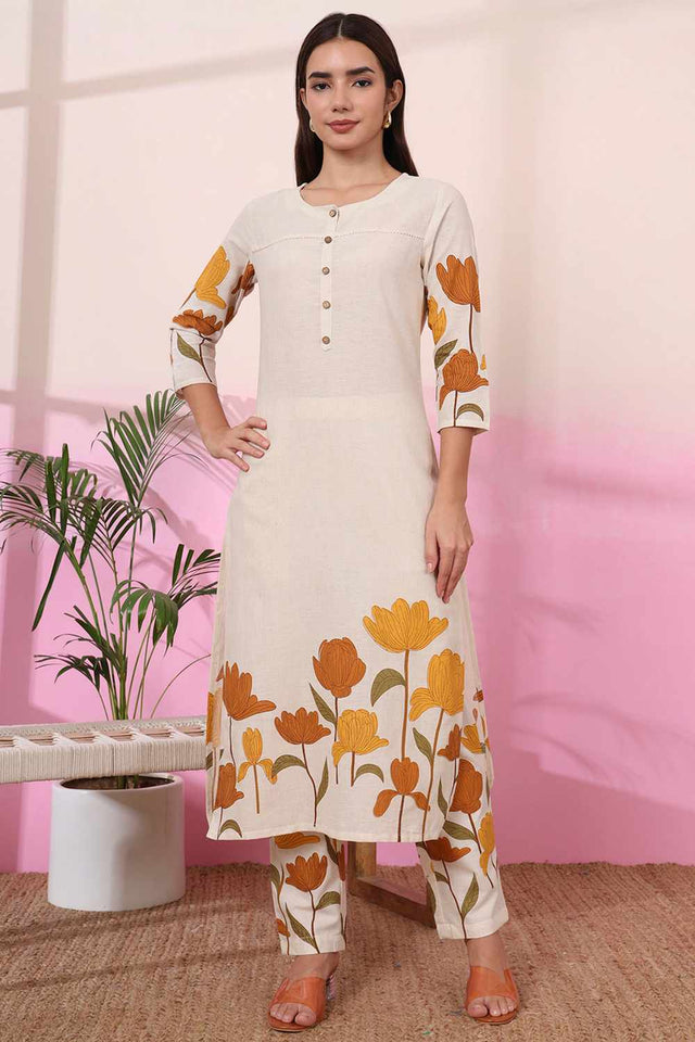 White Floral Print Cotton Kurti Pant Set
