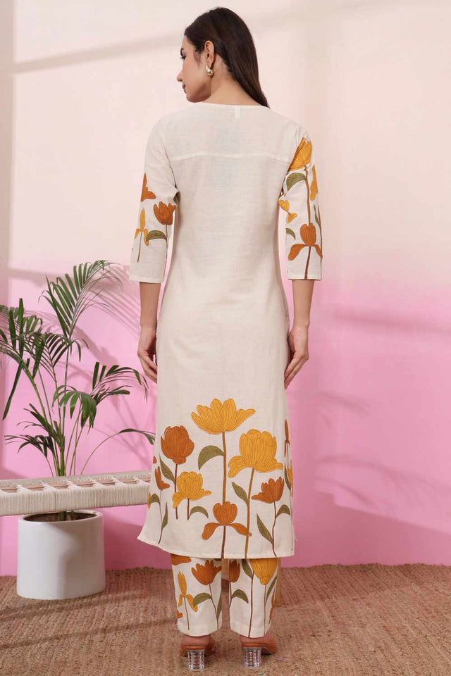 White Floral Print Cotton Kurti Pant Set