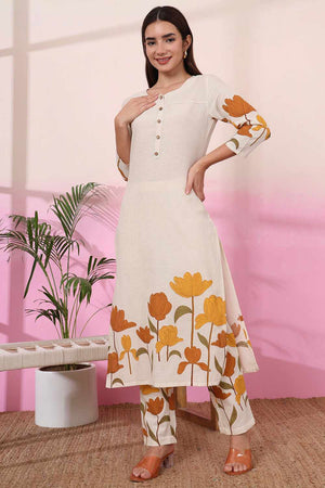 White Floral Print Cotton Kurti Pant Set