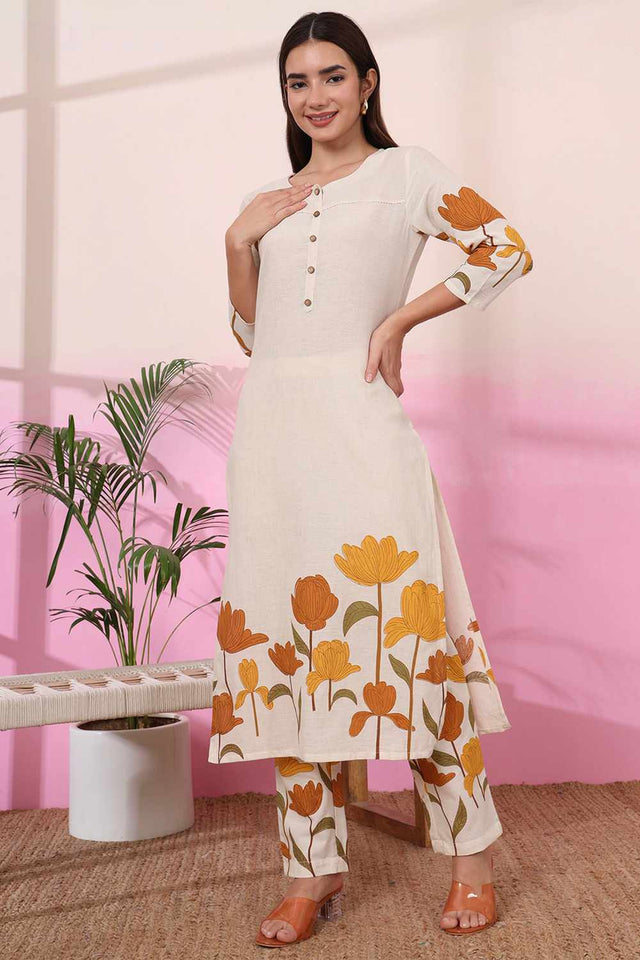 White Floral Print Cotton Kurti Pant Set