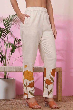 White Floral Print Cotton Kurti Pant Set