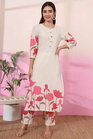 White Floral Print Cotton Kurti Pant Set