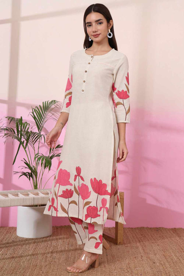 White Floral Print Cotton Kurti Pant Set