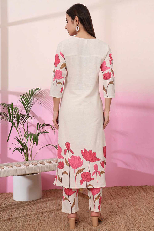 White Floral Print Cotton Kurti Pant Set