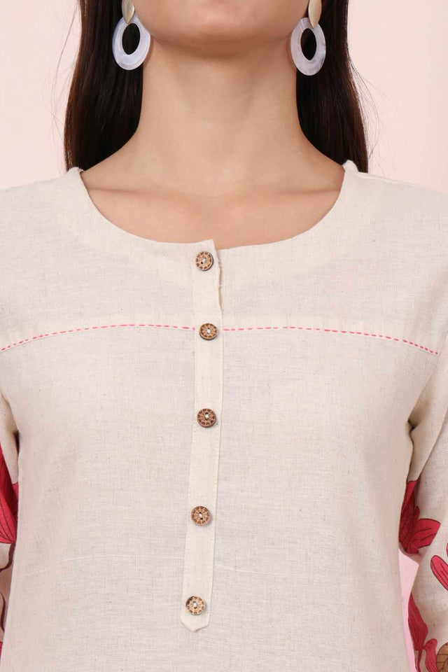 White Floral Print Cotton Kurti Pant Set
