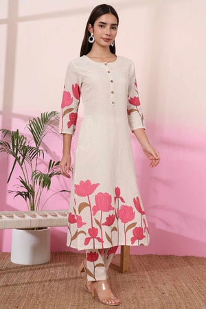 White Floral Print Cotton Kurti Pant Set