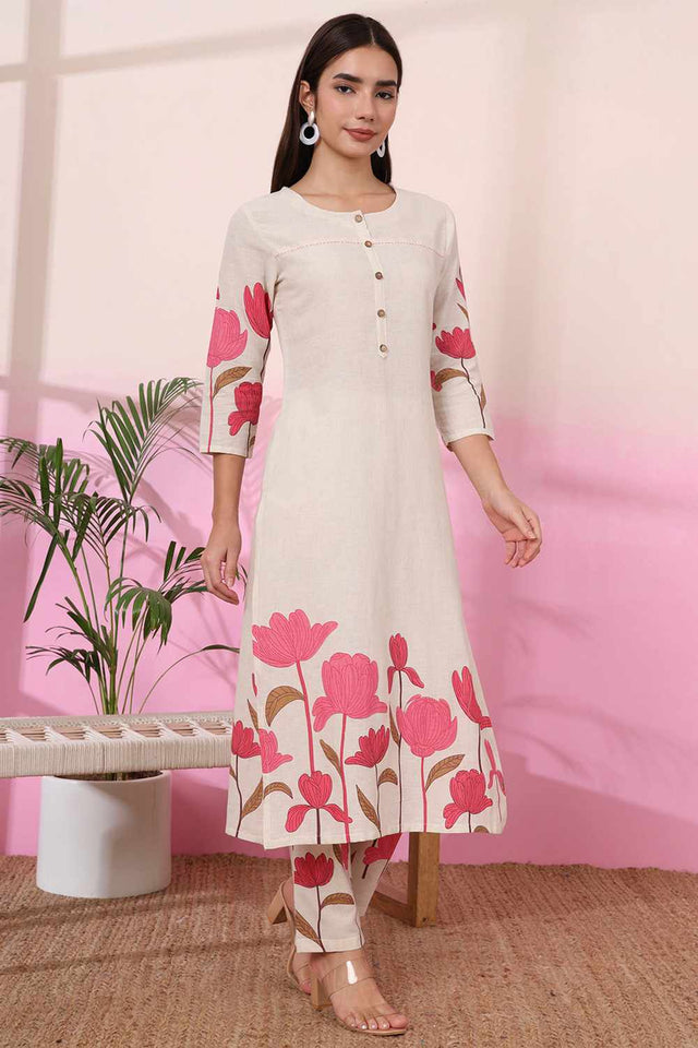 White Floral Print Cotton Kurti Pant Set