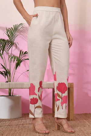 White Floral Print Cotton Kurti Pant Set