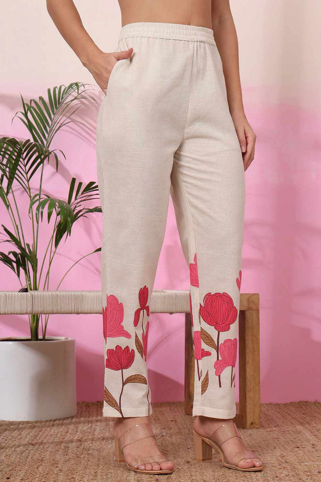 White Floral Print Cotton Kurti Pant Set