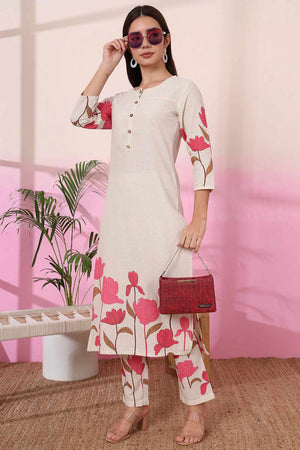 White Floral Print Cotton Kurti Pant Set
