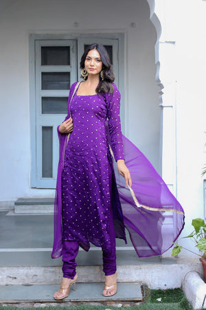 Purple Embroidered Chinon Straight Kurti Set (106Purple)