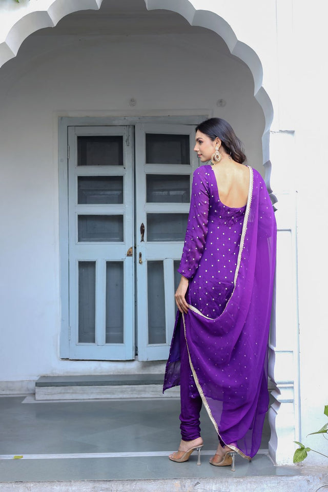 Purple Embroidered Chinon Straight Kurti Set (106Purple)