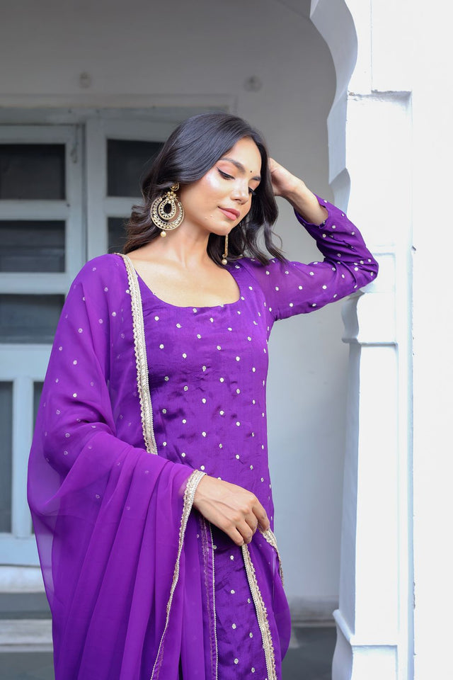 Purple Embroidered Chinon Straight Kurti Set (106Purple)