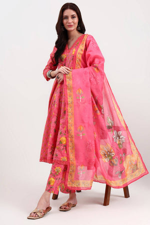 Pink Floral Printed Cotton Anarkali Suit Set