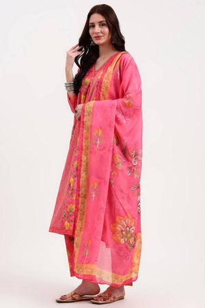 Pink Floral Printed Cotton Anarkali Suit Set